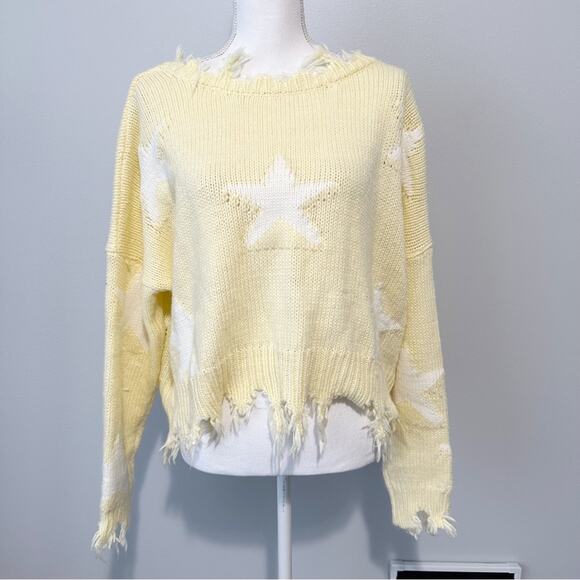 Storia yellow star frayed sweater distressed oversized low back knit size small - Picture 1 of 8